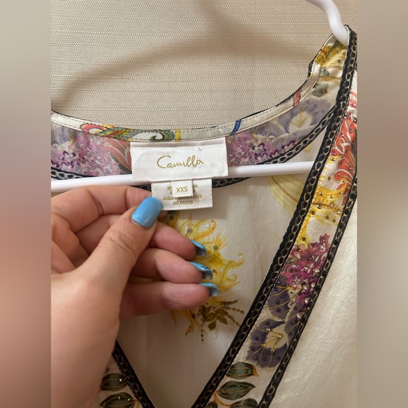 Camilla 100% Silk Floral V-Neck Blouse | Beaded | XXS Luxury Cropped Big Sleeve - Picture 5 of 9